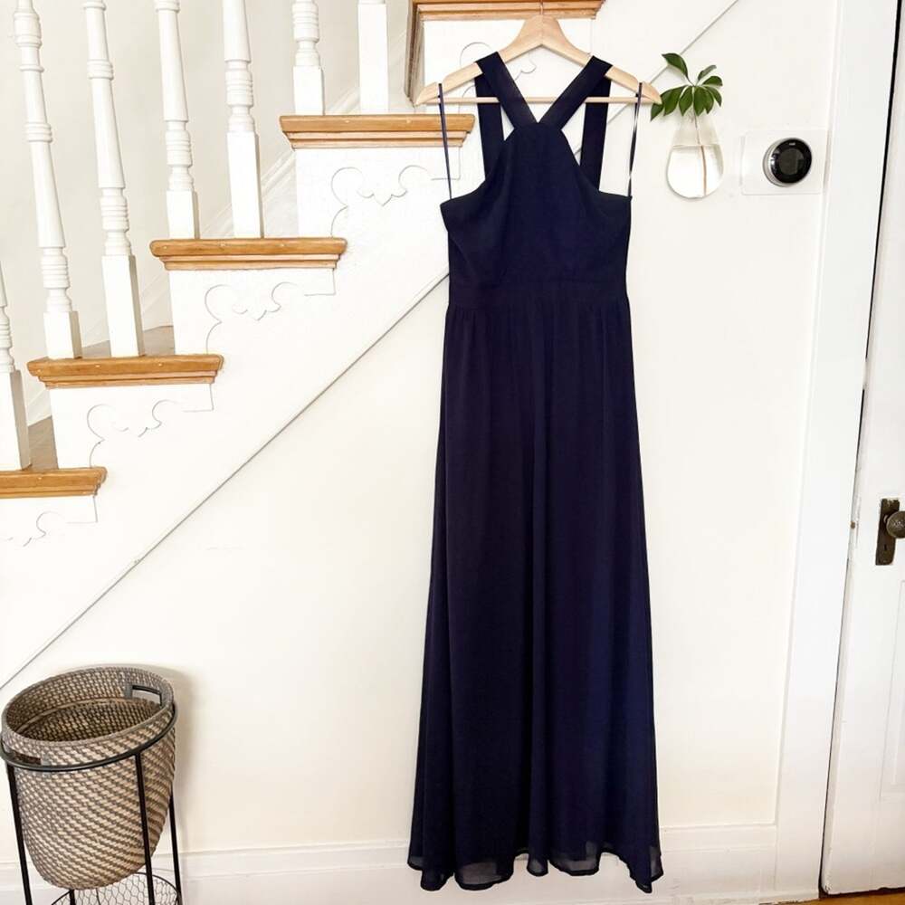 Lulu's Air of Romance Navy Blue Maxi Dress Back Zip Sleeveless Halter Size M